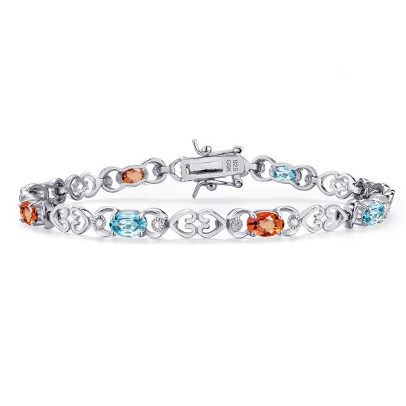 Gem Stone King 925 Sterling Silver Blue Zircon and Orange Sapphire and Lab Grown Diamond Bracelet for Women | 4.81 Cttw | Gemstone Birthstone | Oval 6X4MM | Length 7.25 inches