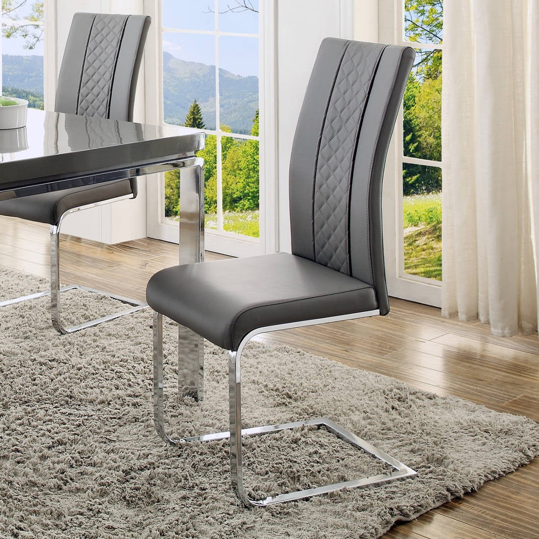 Metal & Leather Dining Side Chair with Cantilever Style Base, Chrome