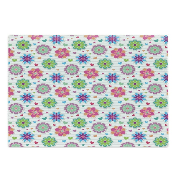 Retro Cutting Board, Notebook Style Backdrop with Lively Colored Chamomile Flowers and Little Hearts, Decorative Tempered Glass Cutting and Serving Board, Large Size, Multicolor, by Ambesonne