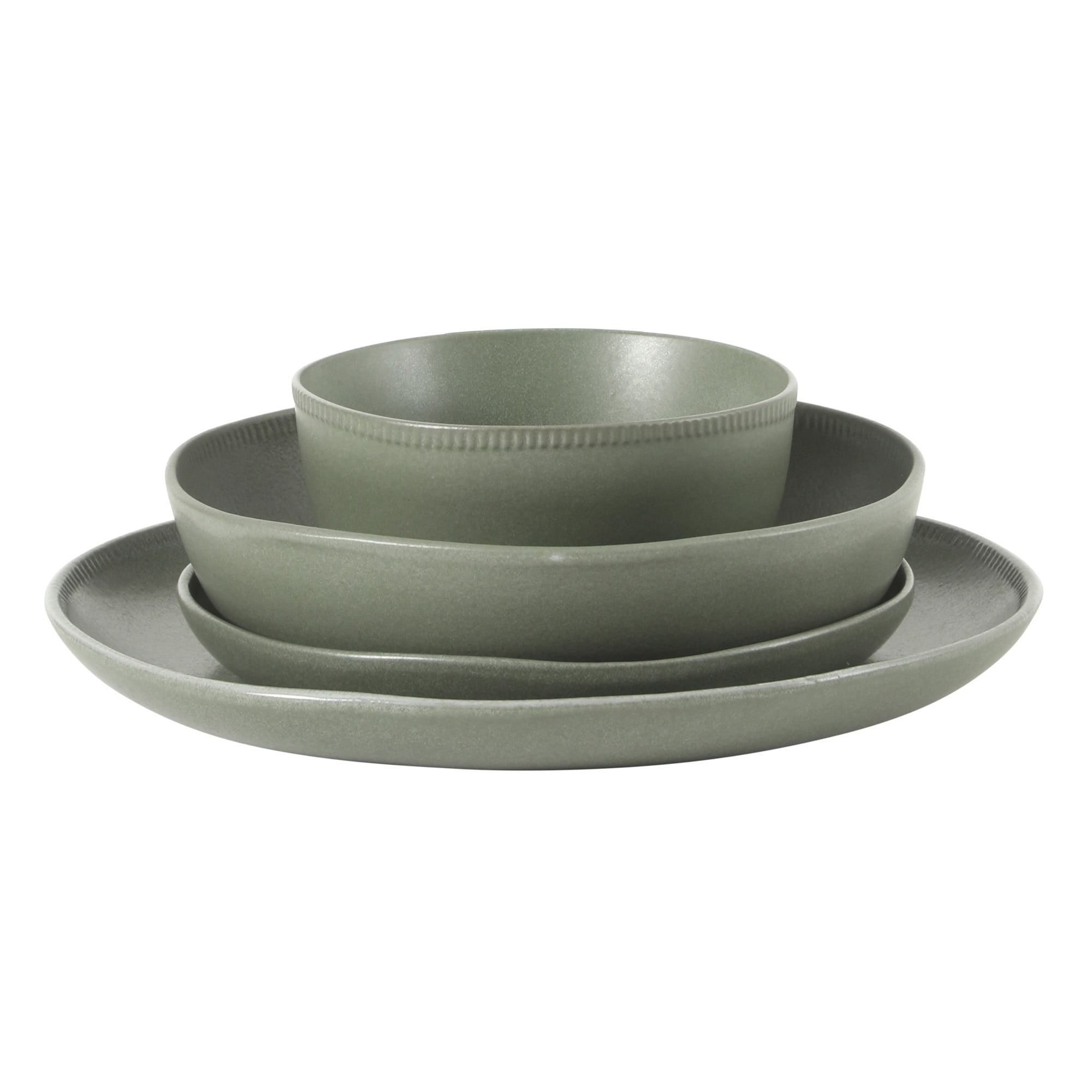 Gibson Elite Menlo Park 16-Piece Pottery Clay Stoneware Dinnerware Set – Green Reactive Glaze, Organic Shape Embossed Plates and Bowls W/ Pasta Bowl, Service for 4 – Microwave & Dishwasher Safe