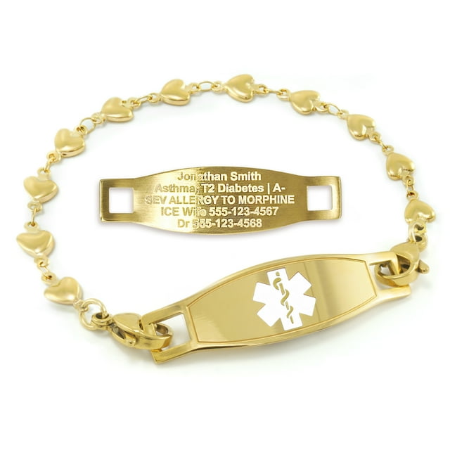 MedicEngraved Yellow Gold Stainless Steel Custom Medical Alert Bracelet - 5mm Heart Link