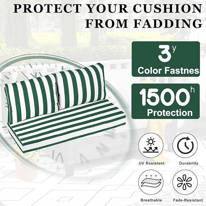 Outdoor Loveseat Cushion Set, 48 x 24 inch, Water Repellent Patio Furniture Cushions Replacement with Removable Cover(Green White Stripe)