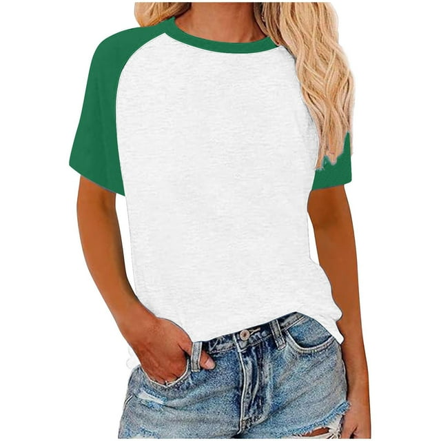 Chemise Raglan pour Femmes T-Shirts d'Été à Blocs de Couleur Coupe Ample Décontractée Basique Col Rond T-Shirts Manches Courtes Tunique Grande Taille (5TG, Vert 02)
