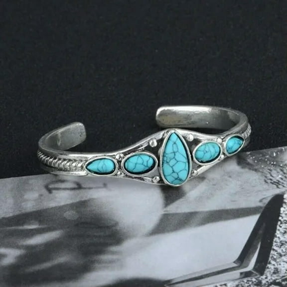 EOEMY Turquoise Women Tibetan 925 Silver Open Bangle Cuff Bracelet Wedding Jewelry-1
