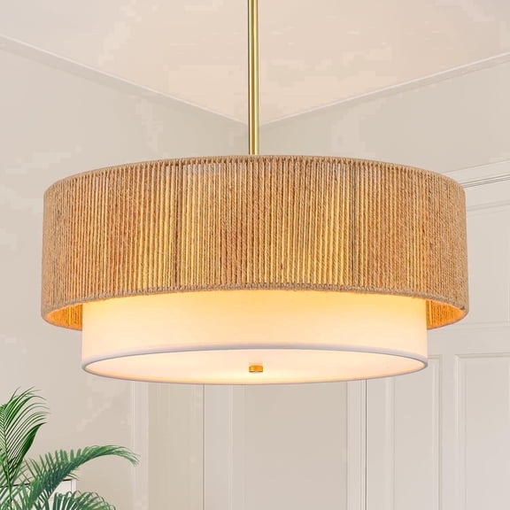 SineRise 18'' Rattan Farmhouse Chandelier, 3-Light Dimmable Pendant Lights