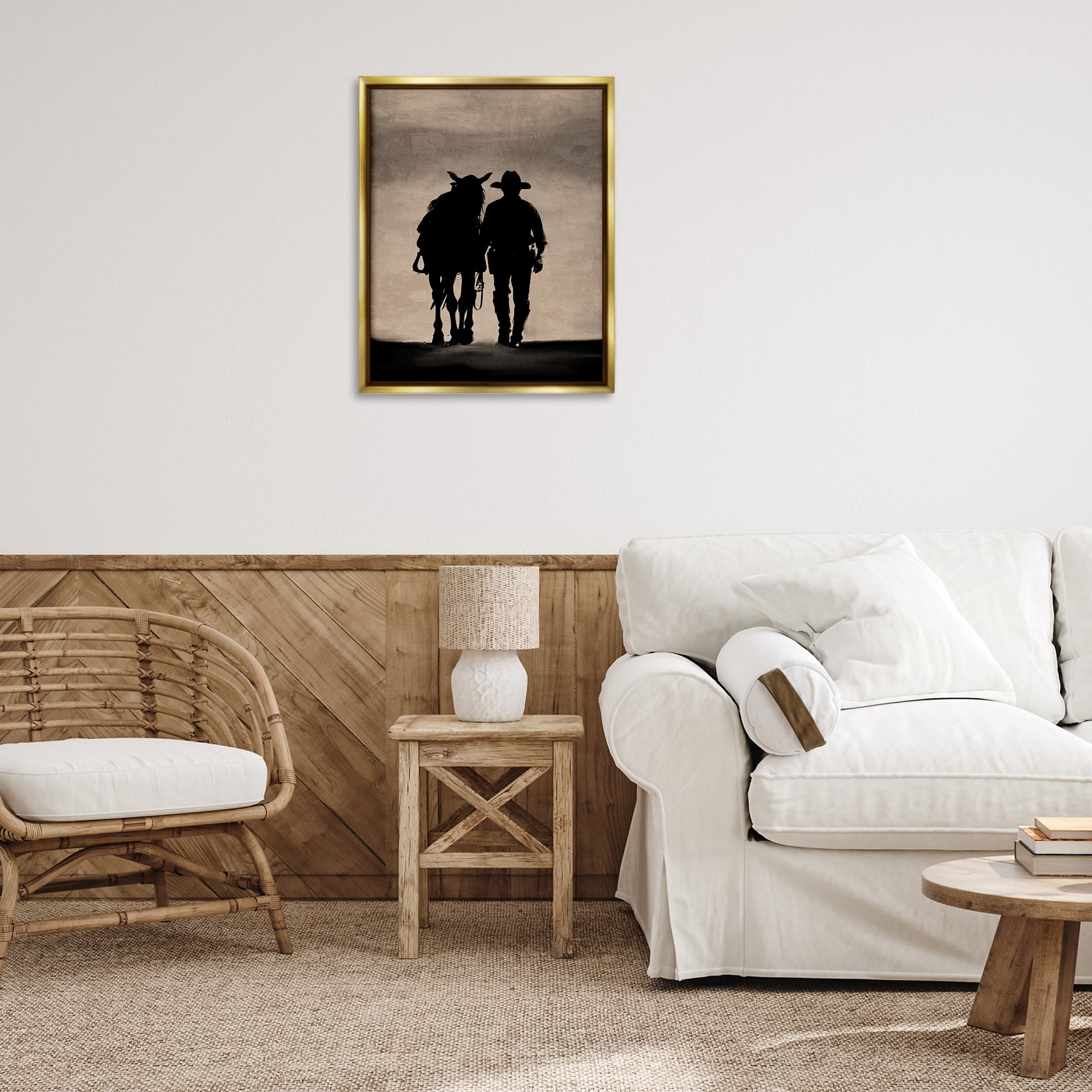 Stupell Industries Best Friends Horse & Cowboy People Painting Gold Floater Framed Canvas Art Print Wall Art, 25 x 31