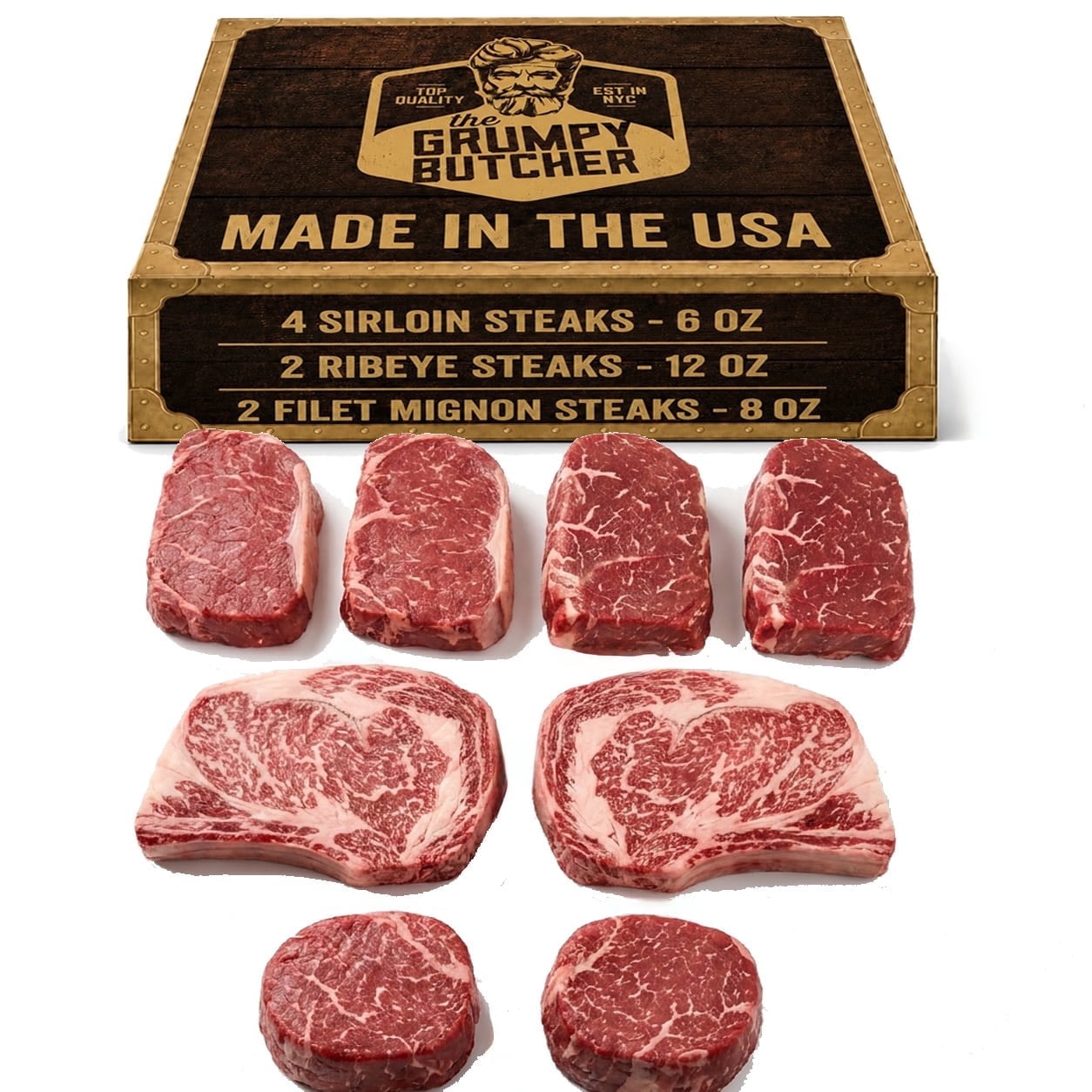 Grumpy Butcher 8 Steaks Pack: 4 Sirloins 2 Ribeyes 2 Large Filet Mignons Frozen Choice Grade Gluten-Free