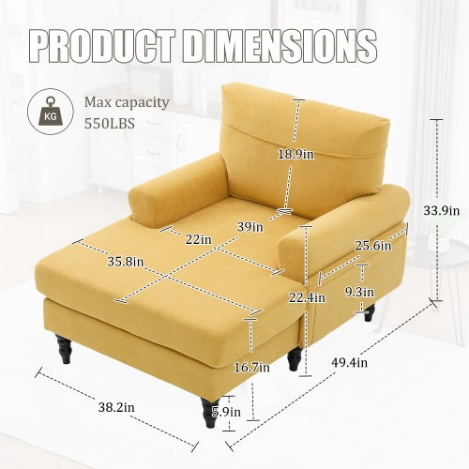 Chenille Chaise Lounge Chair, Oversized Upholstered Recliner Sofa with Wide Seat, High Density Foam Backrest, Solid Wood Legs & Side Pockets for Living Room, Bedroom, Office, Mustard yellow
