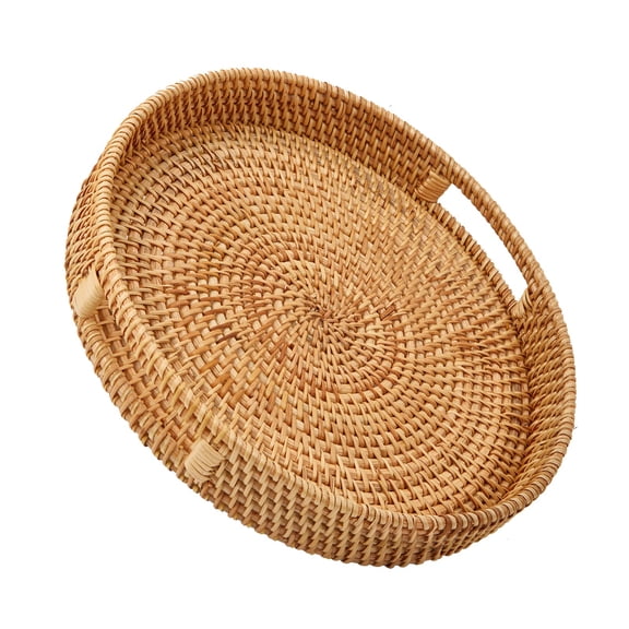 Round Rattan Serving Tray with Handles, Hand Woven Basket, Home Decor Organizer Tray for Breakfast, Tea, Snack, Fruit, Coffee,Storage