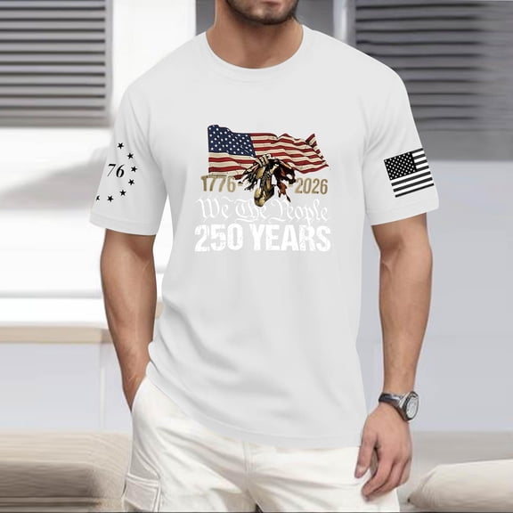 Hogleaql Patriotic 250th Anniversary T-Shirt Men's 1776-2026 Crew Neck American Flag Print Short Sleeve T-Shirt Patriotic Dressy Independence Day Themed Loose Shirts White 5XL