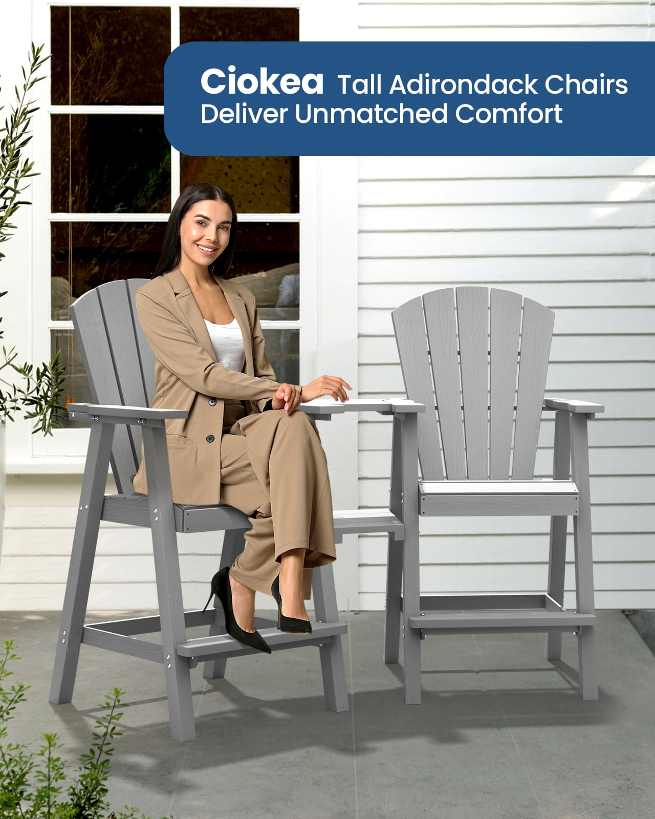 CIOKEA Tall Adirondack Chair Set of 2, All Weather HDPE Patio Chairs with Double Removable Connecting Trays for Balcony, Deck, Backyard, Patio, Garden, Gray