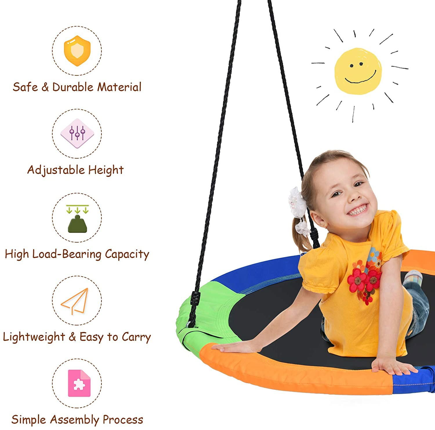 Private Jungle 40 Inch Round Indoor Outdoor Saucer Tree Swing Set with Waterproof Oxford Cloth and Adjustable Ropes for Kids Adults and Teens,Colorful