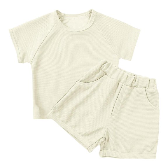 Bxsruta Toddler Girl Outfits, Boys and Girls Summer Solid Color Fashion Short Sleeve Set Casual Top Shorts Two Piece Set, Beige 2 Years