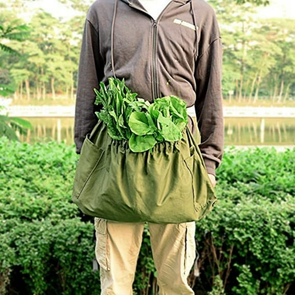 Large Capacity Canvas Garden Apron | Adjustable Waist Picking Bag for Fruits & Vegetables | 60X40Cm Green Work Apron with Side Pockets | Orchard Harvesting & Weeding Tool Storage