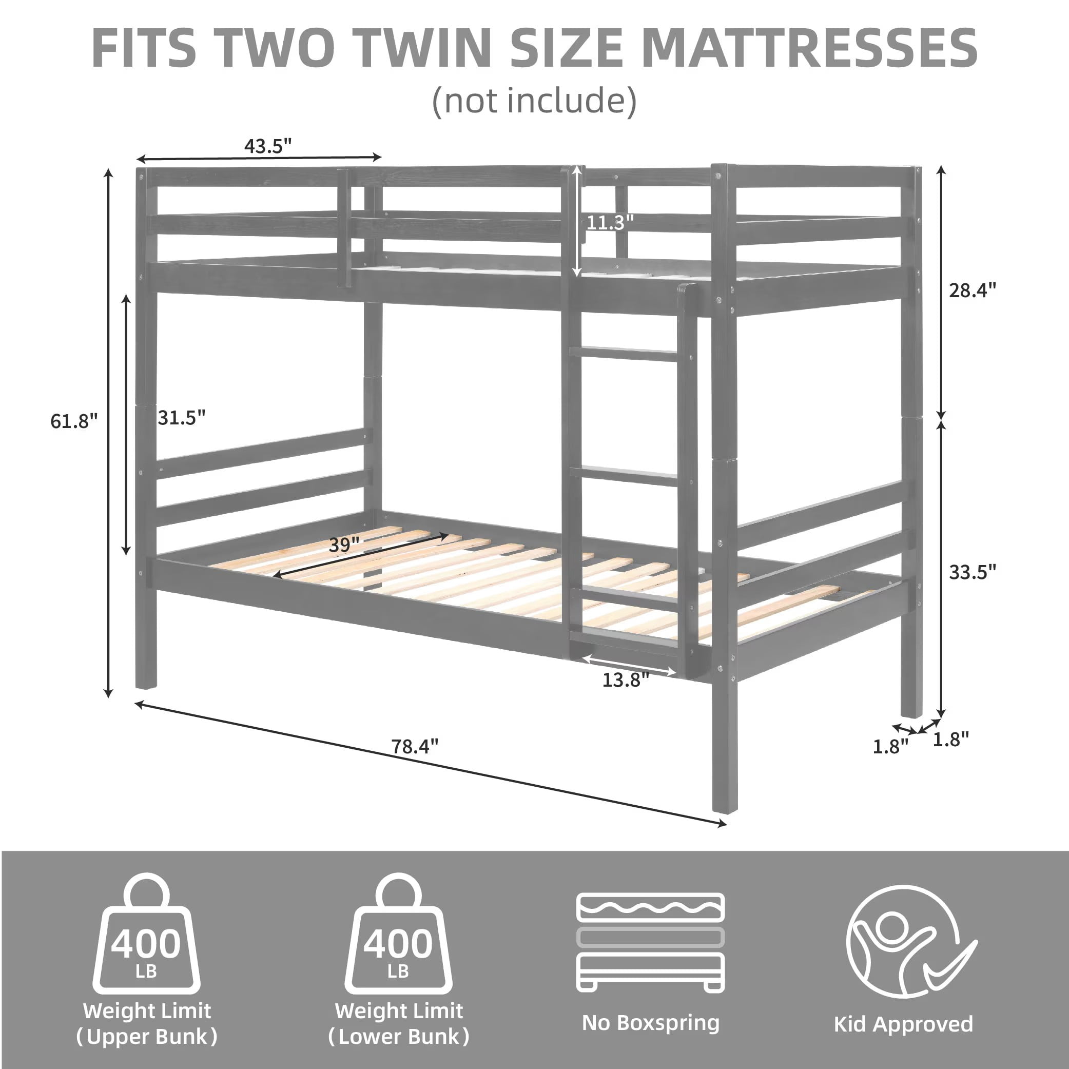 Aukfa Twin over Twin Bunk Bed, Wooden Bunk Bed with High Guardrail for Kids/Teens and Dorm Room/Guest Room, Gray