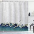thumbnail image 1 of Cortina de ducha japonesa con ondas, remolinos acuáticos, juego de decoración de baño de tela con ganchos, 180 cm x 180 cm, color crema, gris y azul, 1 of 5
