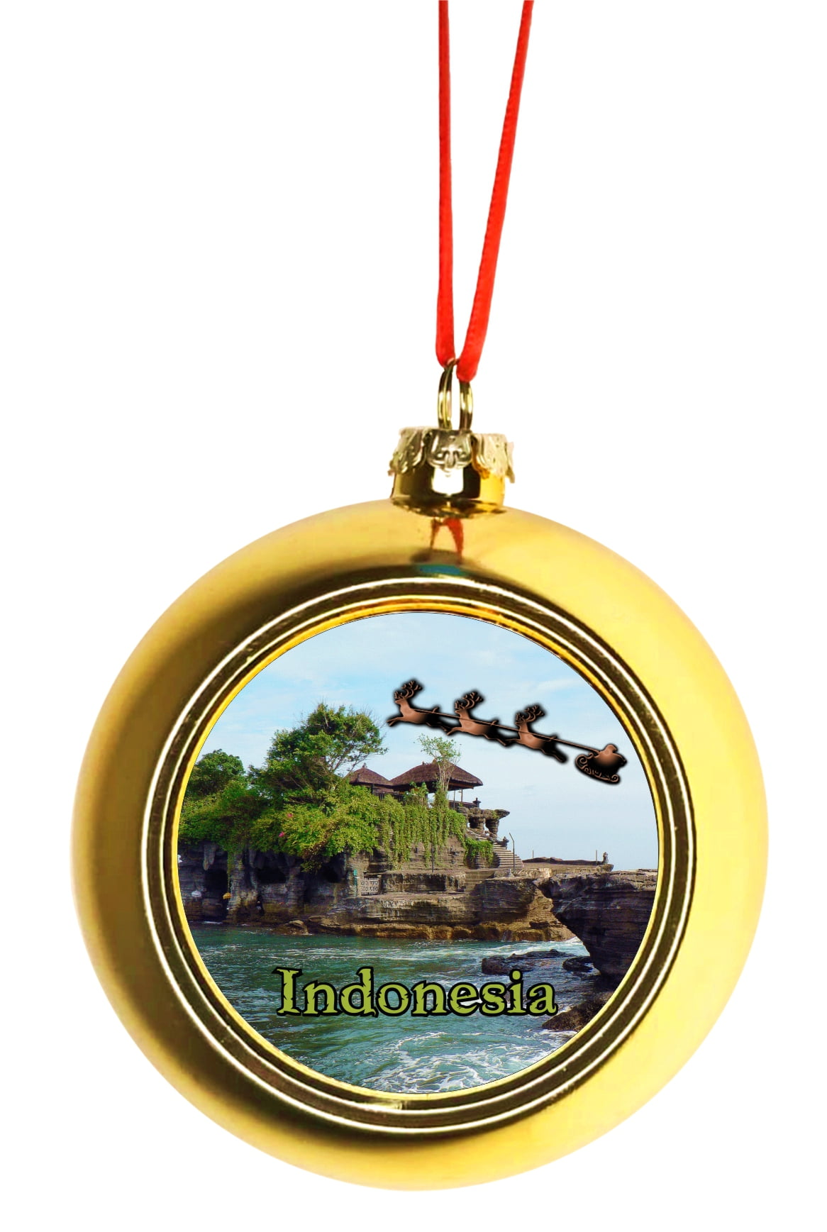 Santa Claus and Sleigh Riding Over Tanah Lot, Bali Indonesia Ornaments