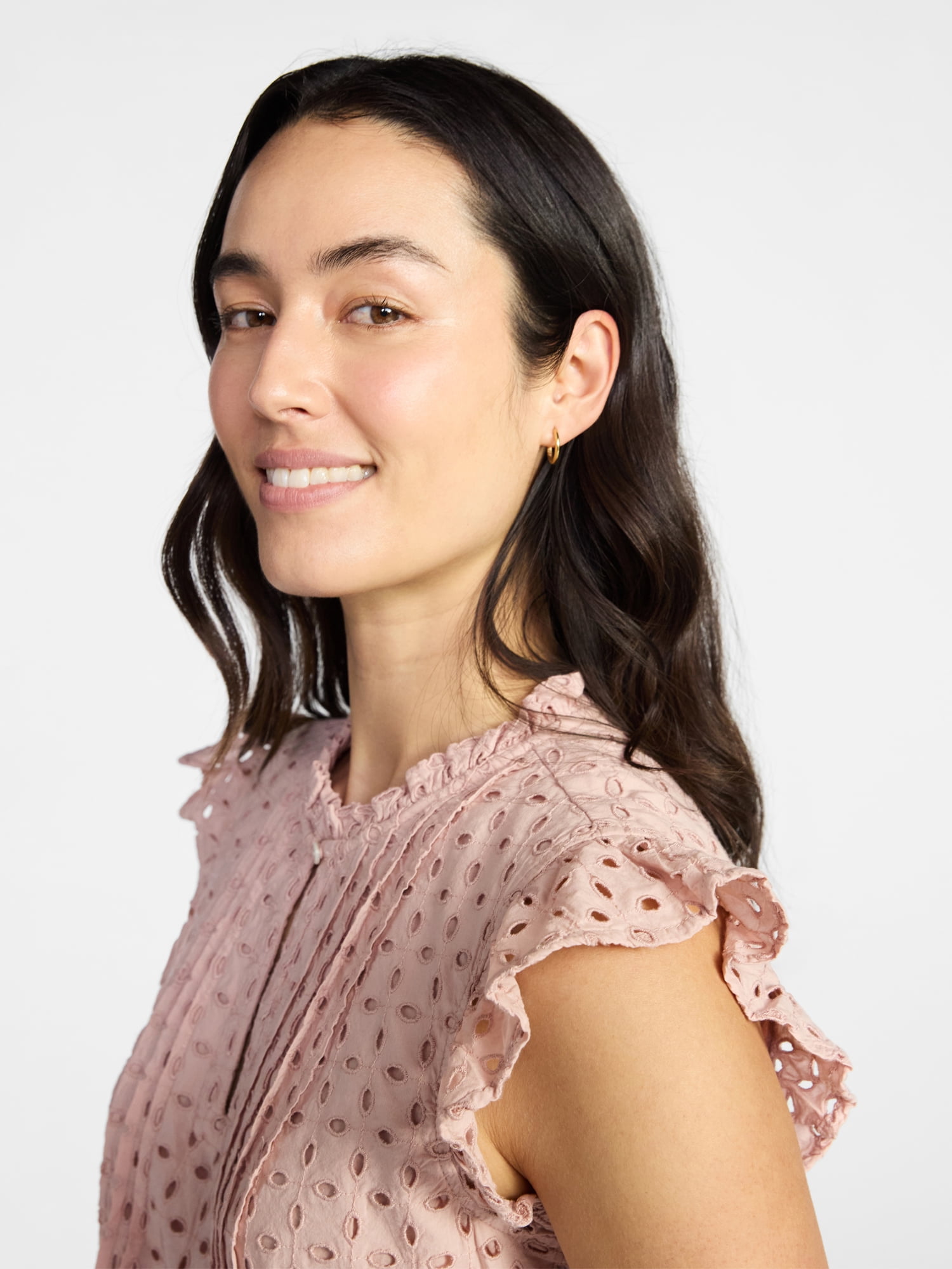 Time and Tru Women's Cotton Eyelet Top with Short Flutter Sleeves, Sizes XS-XXXL