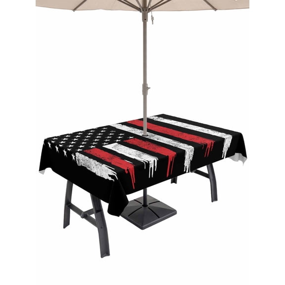 Outdoor Tablecloth with Umbrella Hole for Patio/Picnic/Party/Camping, American Independence Day Waterproof Table Cloth Rectangle Table Cover Washable, USA Star Stripes Flag Black Red (60"x 120")