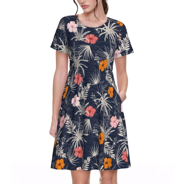 Easygdp Hawaiian Style para Vestido Transpirable de Mujer, Vestido Suelto de Manga Corta con Pliegues y Bolsillos para el Verano