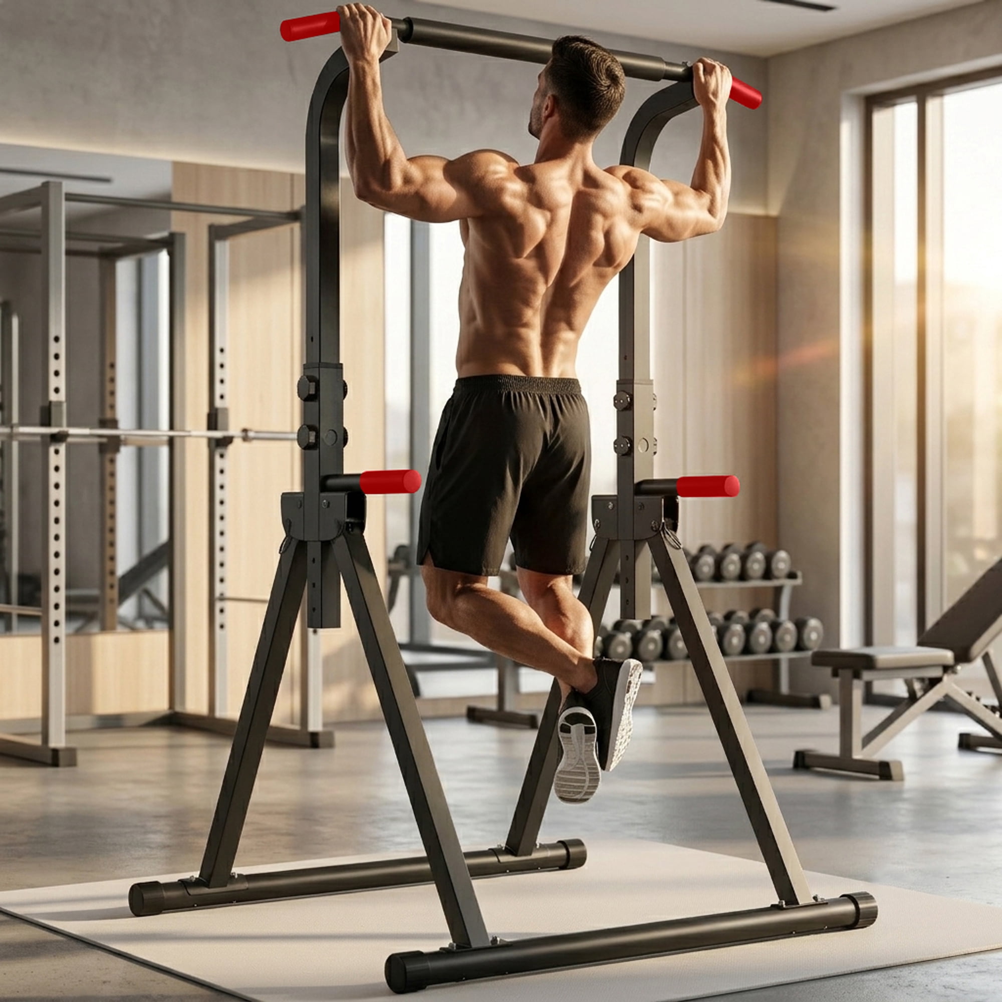 Leumius Foldable Pull Up Bar Standing Power Tower,Multi-Function Dip Station, 6-Level Adjustable Height Strength Training Fitness Equipment for Home Gym,440lbs Max,Black+Red