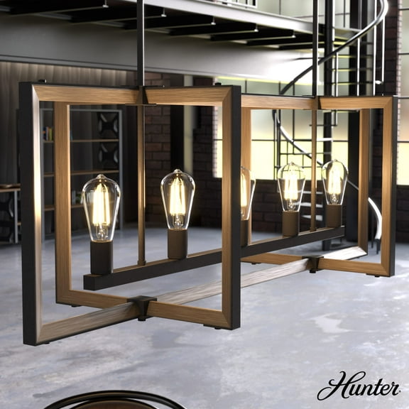 Hunter - Woodburn 5-light Noble Bronze, Extra Large Chandelier, Dimmable, Modern Style, Linear Shaped, for Bedrooms, Dining, Living Rooms - 19812
