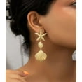 thumbnail image 2 of Trendy pierced 3" gold starfish and shell dangle earrings, 2 of 4