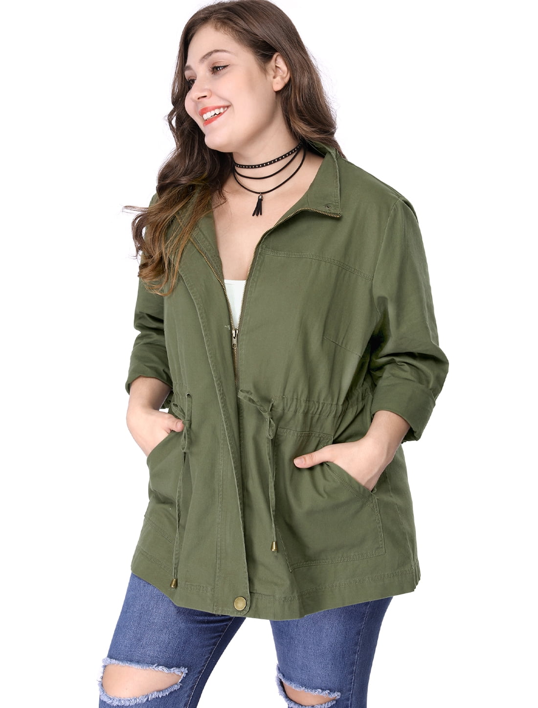 DARING DIVA Women's Plus Size Drawstring Waist Zip-up Utility Jacket 6X Army Green