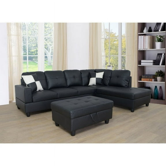 PonLiving Furniture Wellington Living Room Sectional with Ottoman / Upholstery Color: Black, Orientation: Right Hand Facing