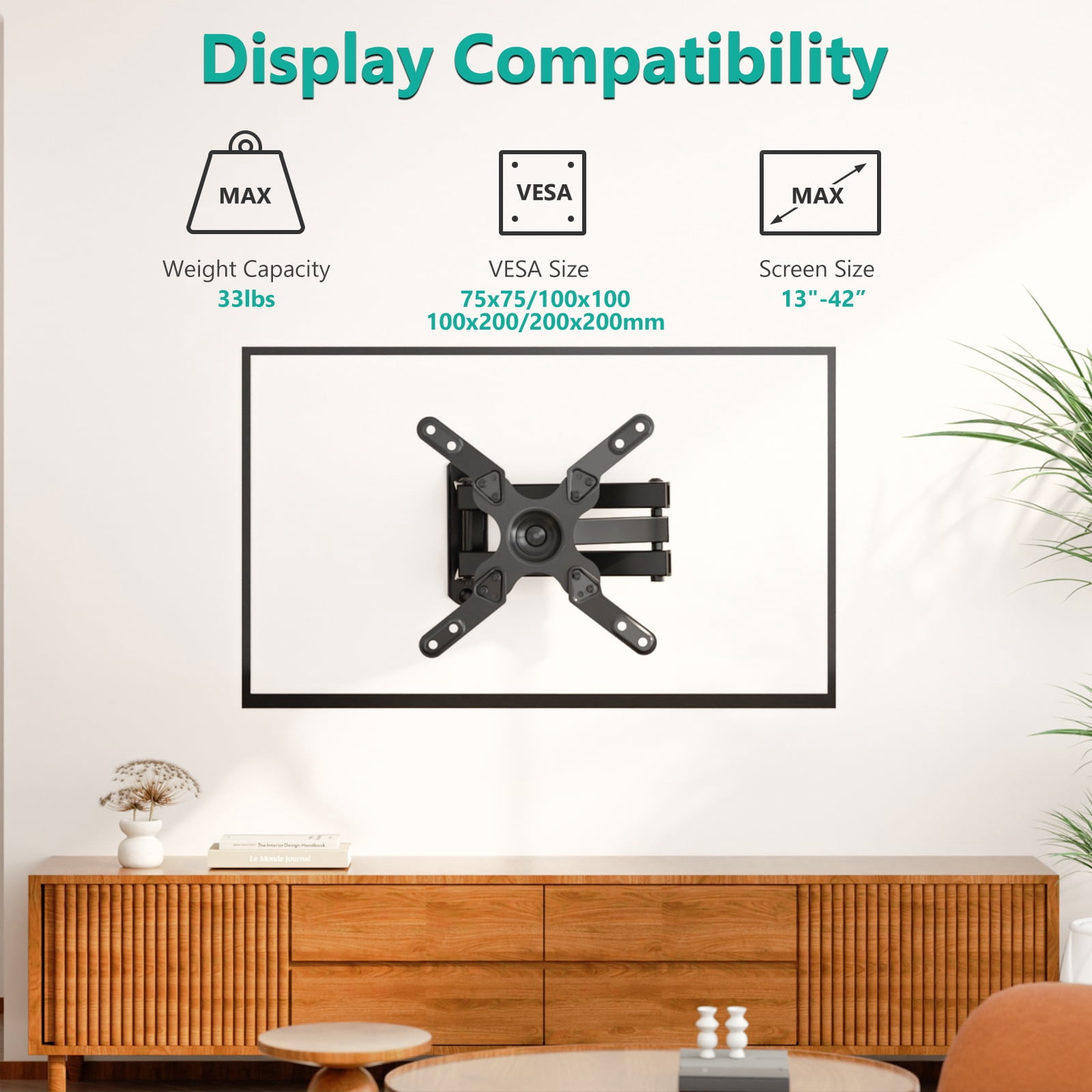 WALI TV Wall Mount Bracket Articulating Full Motion Detachable Arm for Most 13 to 42 inch LED, LCD Flat Screen Display, up to 44lbs (1342LM), Black