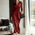thumbnail image 3 of Women's Dress Elegant Satin Silky Long Sleeve V Neck Maxi Dresses Lace Up High Waist Wrap Cocktail Party Dress, 3 of 8