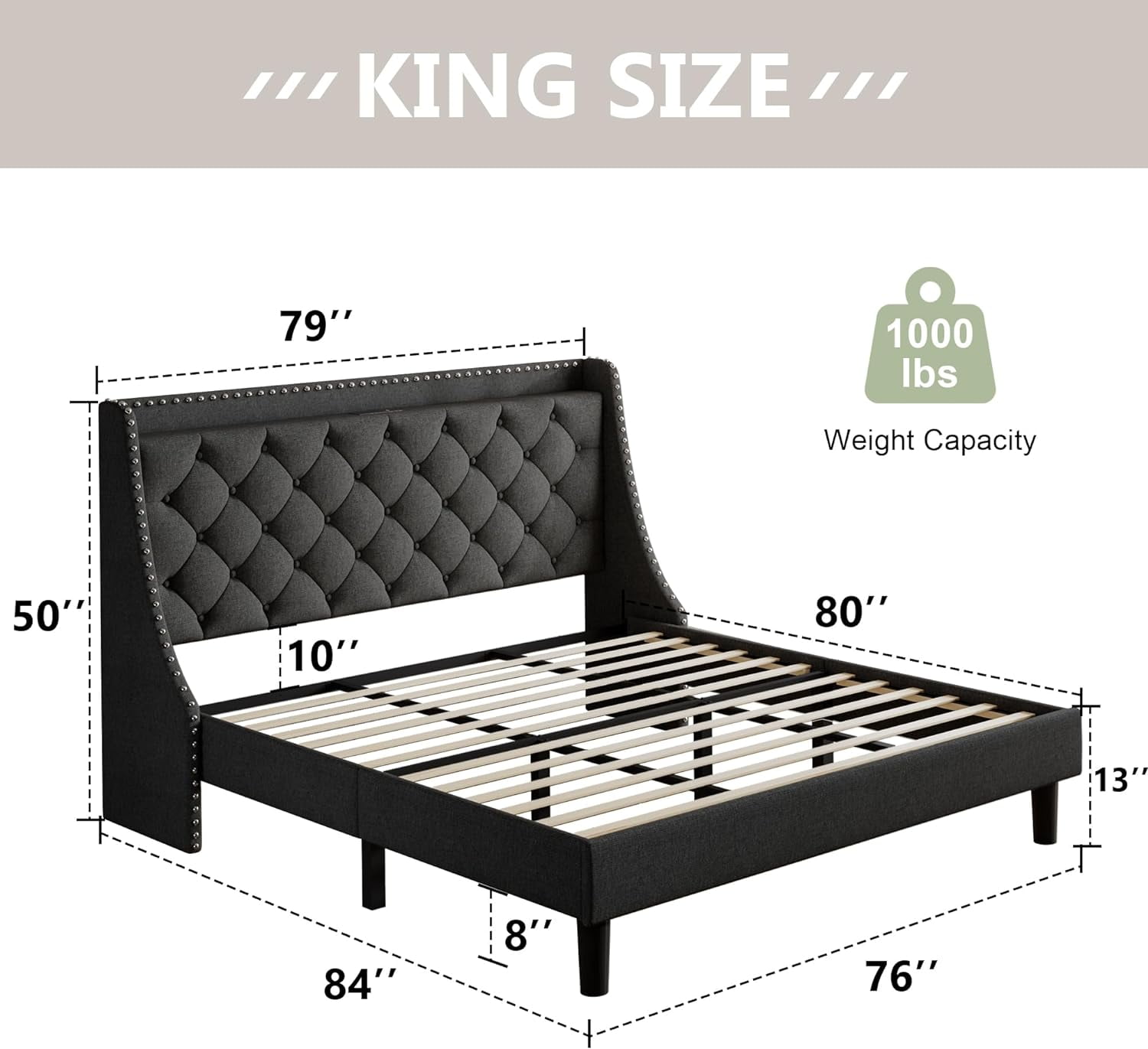 Feonase King Size Bed Frame with Luxury Wingback and Fast Charging Station,King Platform Bed Upholstered Button Tufted Storage Headboard,Sturdy Wooden Slats Support,Easy Assembly,Noise-Free,Dark Gray