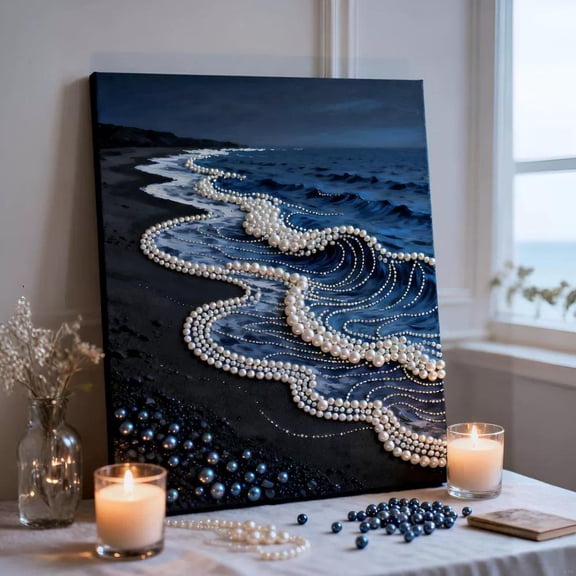 DIY 3D Pearl Ocean Wave Wall Art Kit - 12"x16" Fabric Canvas for Handmade Home Decor