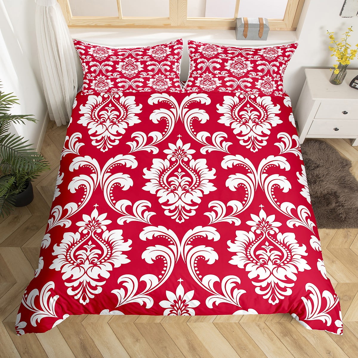 YST Vintage Floral Bedding Set,Antique Baroque Damask Duvet Cover Red