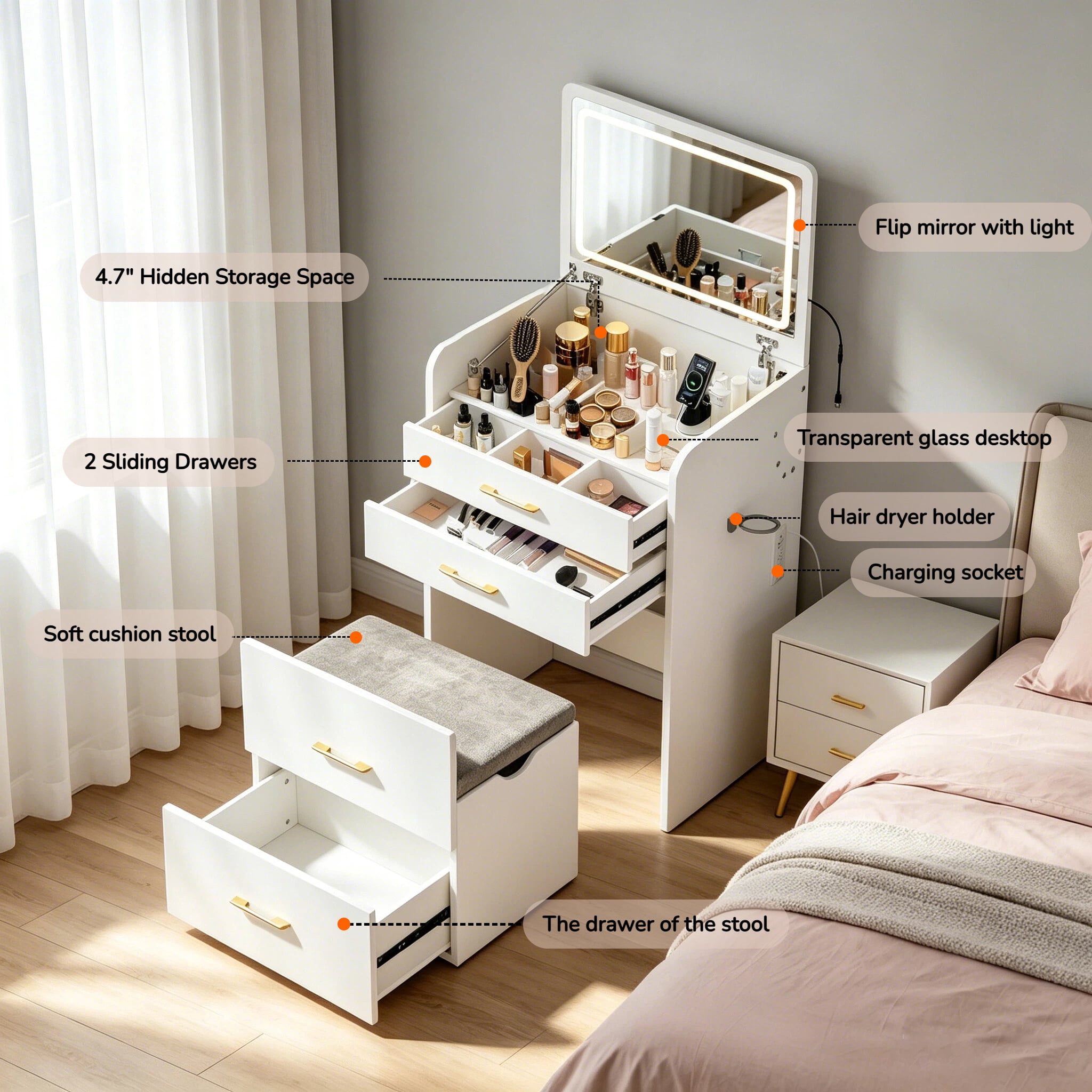 Mintazer 3‑in‑1 Vanity Desk with LED Lighted Flip Mirror, Multifunctional Makeup Dressing Table with Charging Station & Storage Stool for Small Bedroom, White