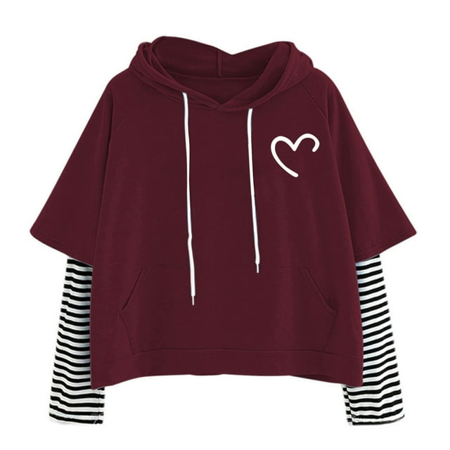 DPTALR Sweat à Capuche Décontracté pour Femmes Imprimé Amoureux à Cordon Patchwork Rayé Manches Longues Hauts Courts