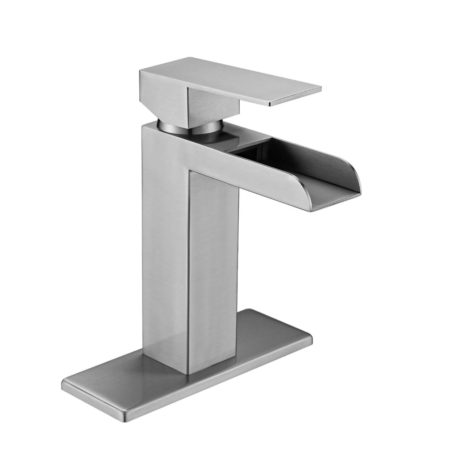 MAYEERTY Brushed Nickel Waterfall Single Handle Bathroom Faucet with Deck Plate & Pop-Up Drain, Brushed Nickel