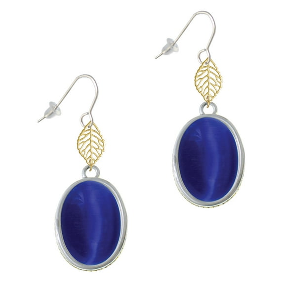 Delight Jewelry Silvertone Oval - Imitation Cat's Eye - Blue - Goldtone Leaf French Earrings