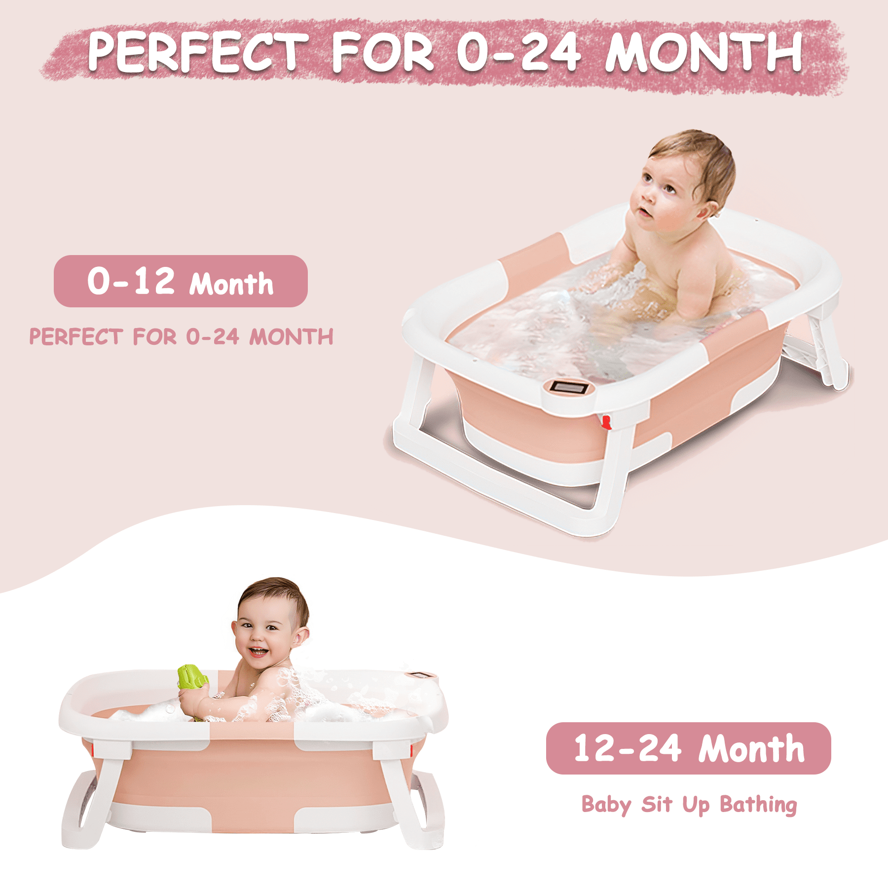 Baby Bathtub, Collapsible Newborn Bathtub for Infant to Toddler 0-36 Months with Soft Cushion+Baby Tub Sling and Thermometer, Portable Travel Bathtub, Foldable Infant Bathtub with No-Slip Feet, Pink