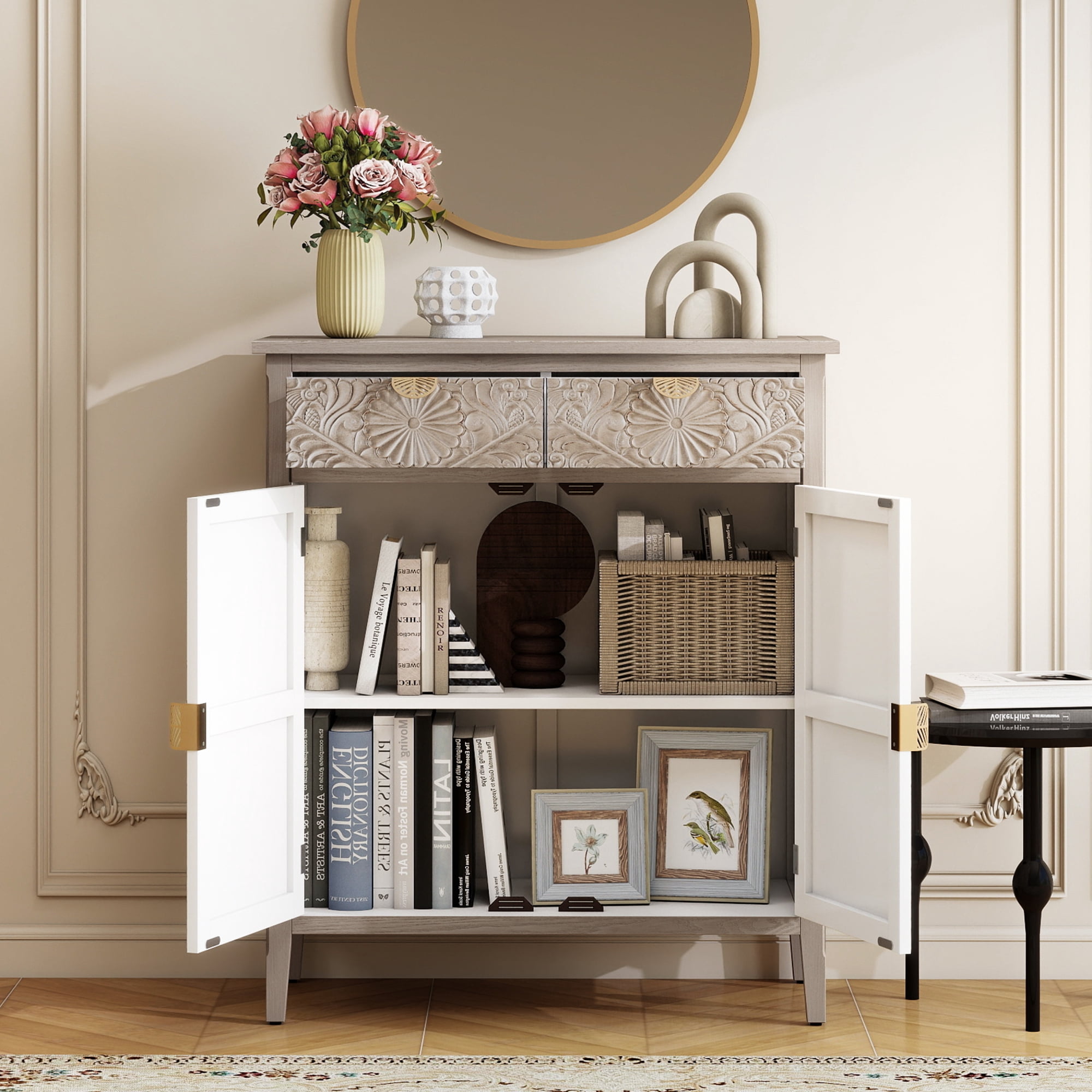 Leumius Accent Cabinet, Wooden Storage Cabinet with Drawer & Doors, Floral Embossed Sideboard with Gold Handles for Entryway Living Room Natural