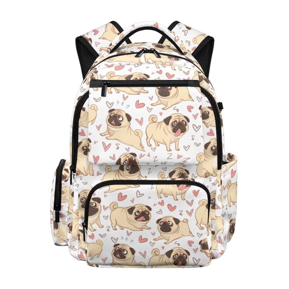 HUIACONG Cute Pug Print School Backpack for Teens Kids Boys Girls, Water Resistant Multi Pocket Bookbag with Padded Adjustable Straps Large Capacity Lightweight Daypack for Travel Daily Use