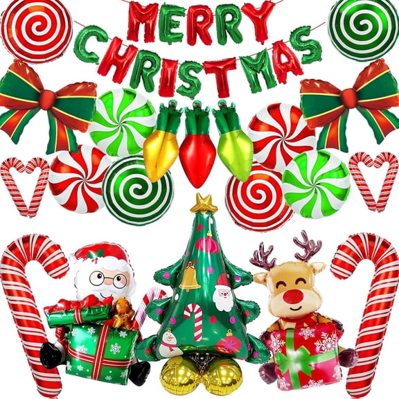 Balloons Decorations 40PCS – Merry Christmas Banner Balloons, Santa Claus Gift Box Reindeer Christmas Tree Candy Cane Foil Balloons Set for Xmas Party, Holiday, Baby Shower, New Year Decor