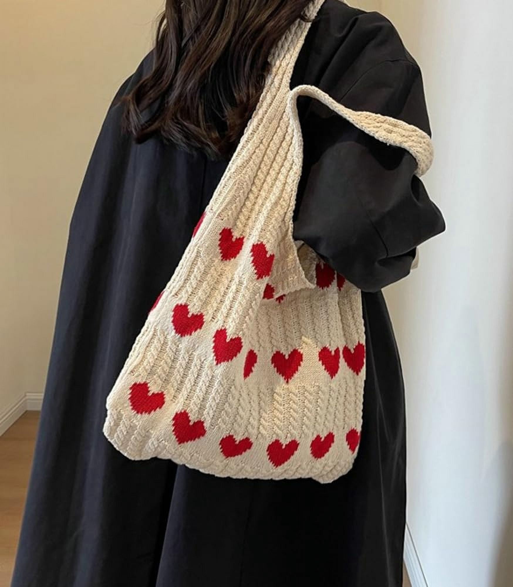 Crochet Tote Shoulder Bag for Women. Large heart - shaped beach bag. Handmade knitted hobo bag