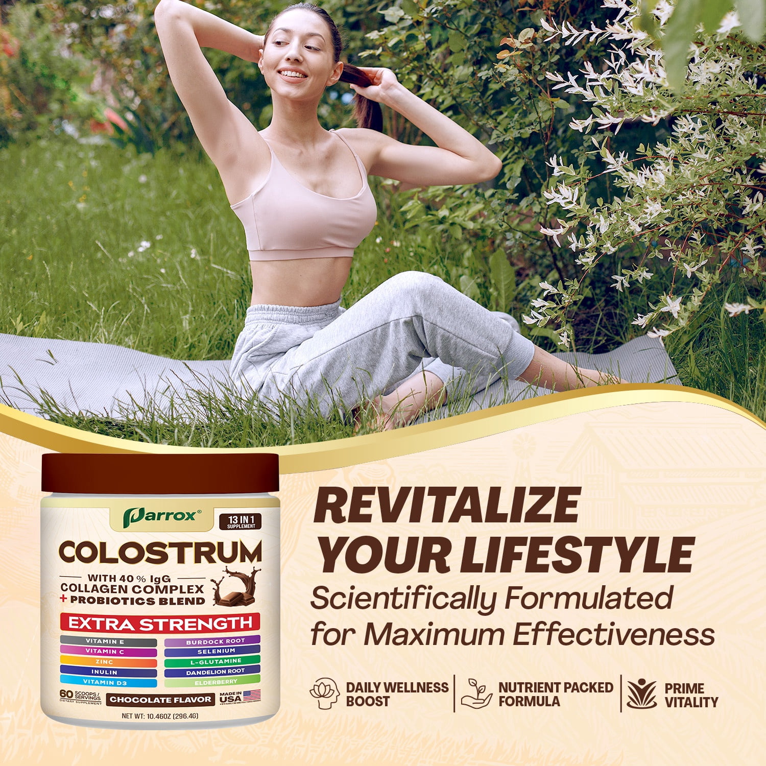 Parrox Colostrum Powder with 40% IgG, Collagen, Probiotics, Burdock Root,  L-Glutamine, Elderberry, Vitamin C, Vitamin E, Vitamin D3, Inulin, Selenium, Dandelion Root, Zinc, 60 Servings (Chocolate)
