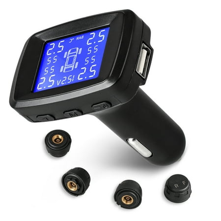 Tire Pressure Monitoring System, TSV  TPMS Tool with 4 External Sensors (0-8.0 Bar/ 0-116 Psi) Real-time Display Tire Pressure & Temperature Alarm Function Cigarette Lighter Plug with USB