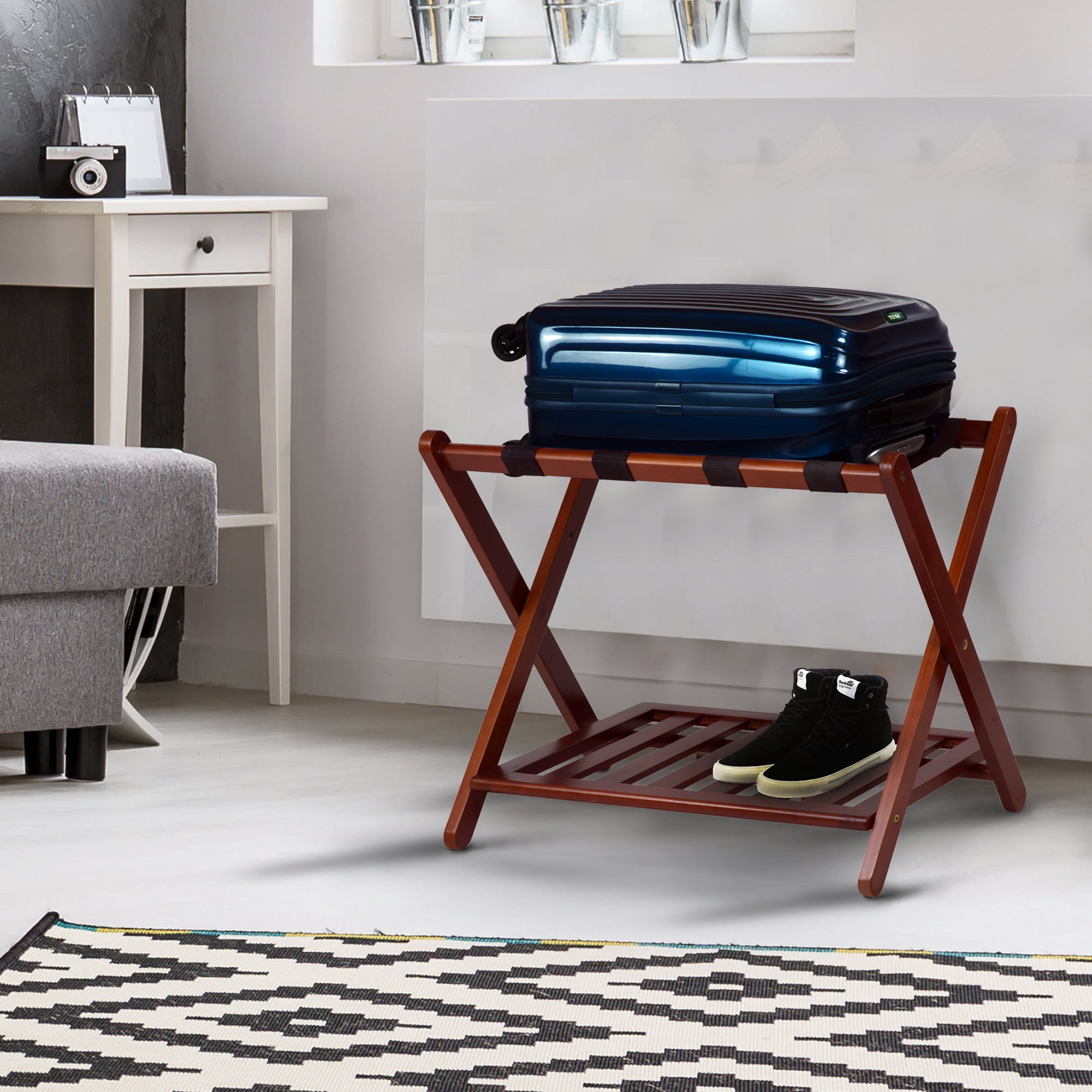 Solid Wood Folding Luggage Rack with Heavy-duty Straps and Shelf - New Walnut