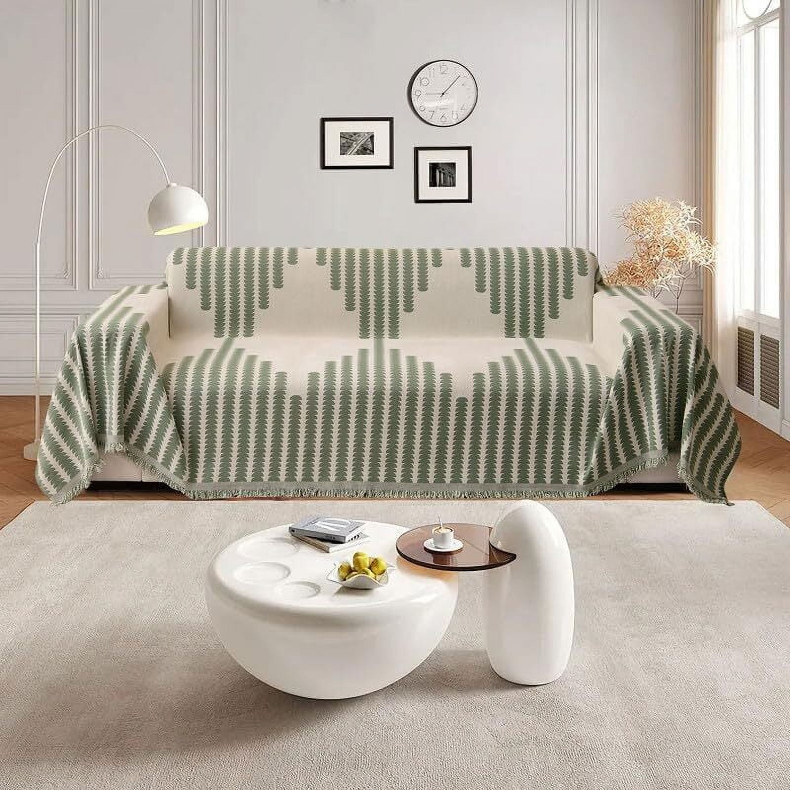 Eurhowing Boho Couch Cover for 2-3 Cushion Couch, Chenille Sofa Cover Blanket with a Pillowcase, Anti-Slip Tassel Sofa Slipcover for Pet, (71'' x 118'', Green)