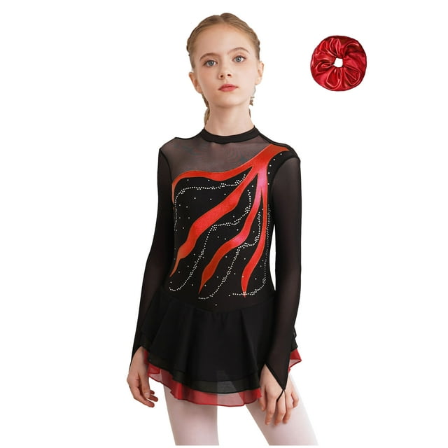 RUNQHUI Robe Justaucorps de Patinage Artistique à Manches Longues en Maille avec Strass Brillants pour Filles avec Bandeau Ensemble Ballerine Danseuse Rouge 10