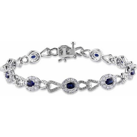 4-1/2 Carat T.G.W Created Blue and White Sapphire Sterling Silver Link Bracelet, 7.25