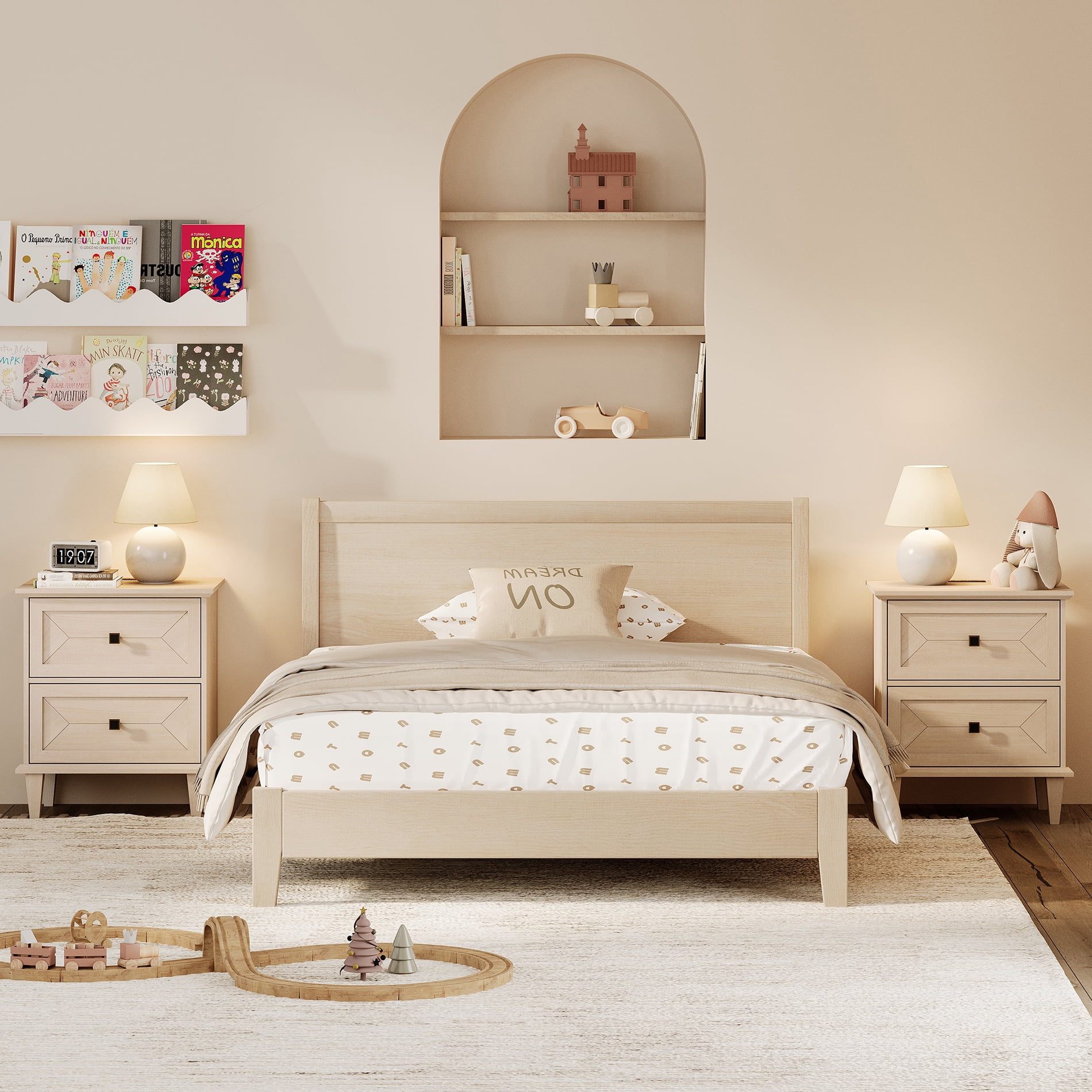 WAMPAT Set of 2 Nightstands with Charging Station, Modern Farmhouse Bedside Tables with Storage Drawers & Solid Wood Legs, Beige Side Tables for Bedroom, Light Beige